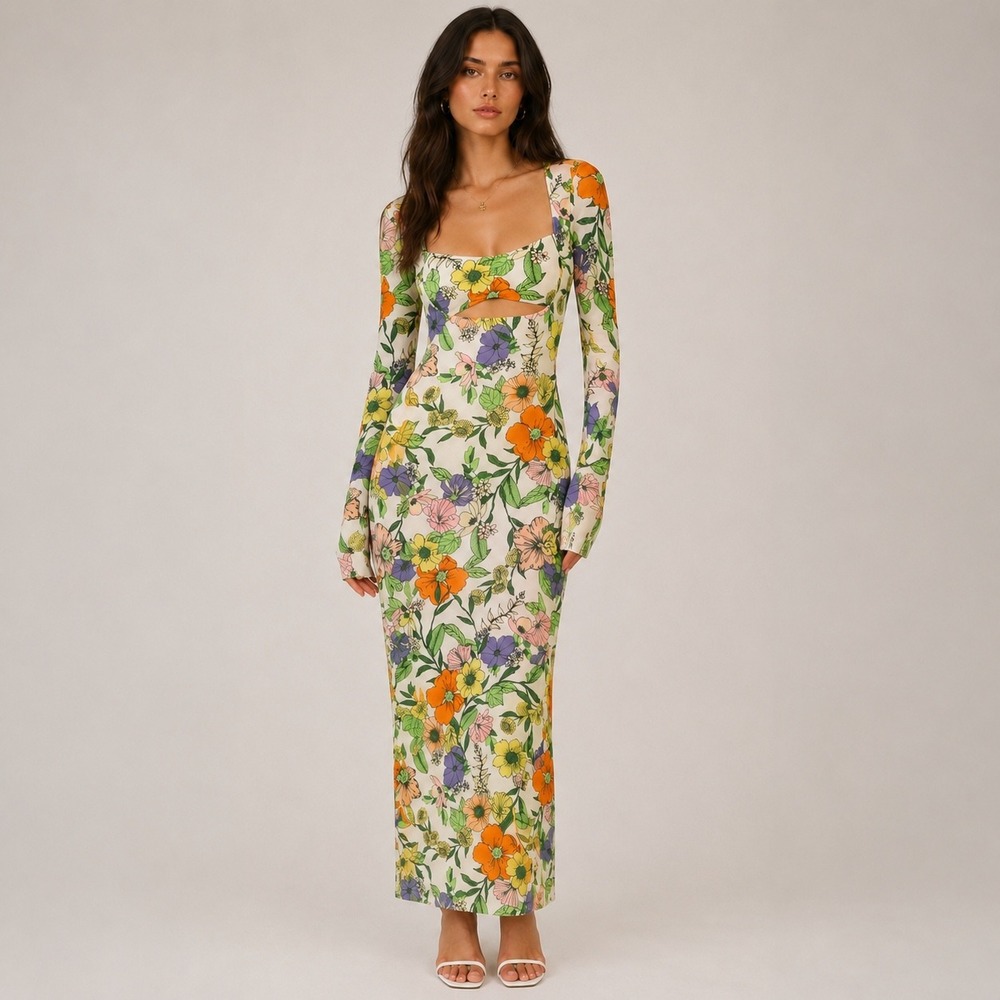 AFRM Floral Mesh Maxi Dress M White Multicolor Cutout Thumbhole Wedding Guest